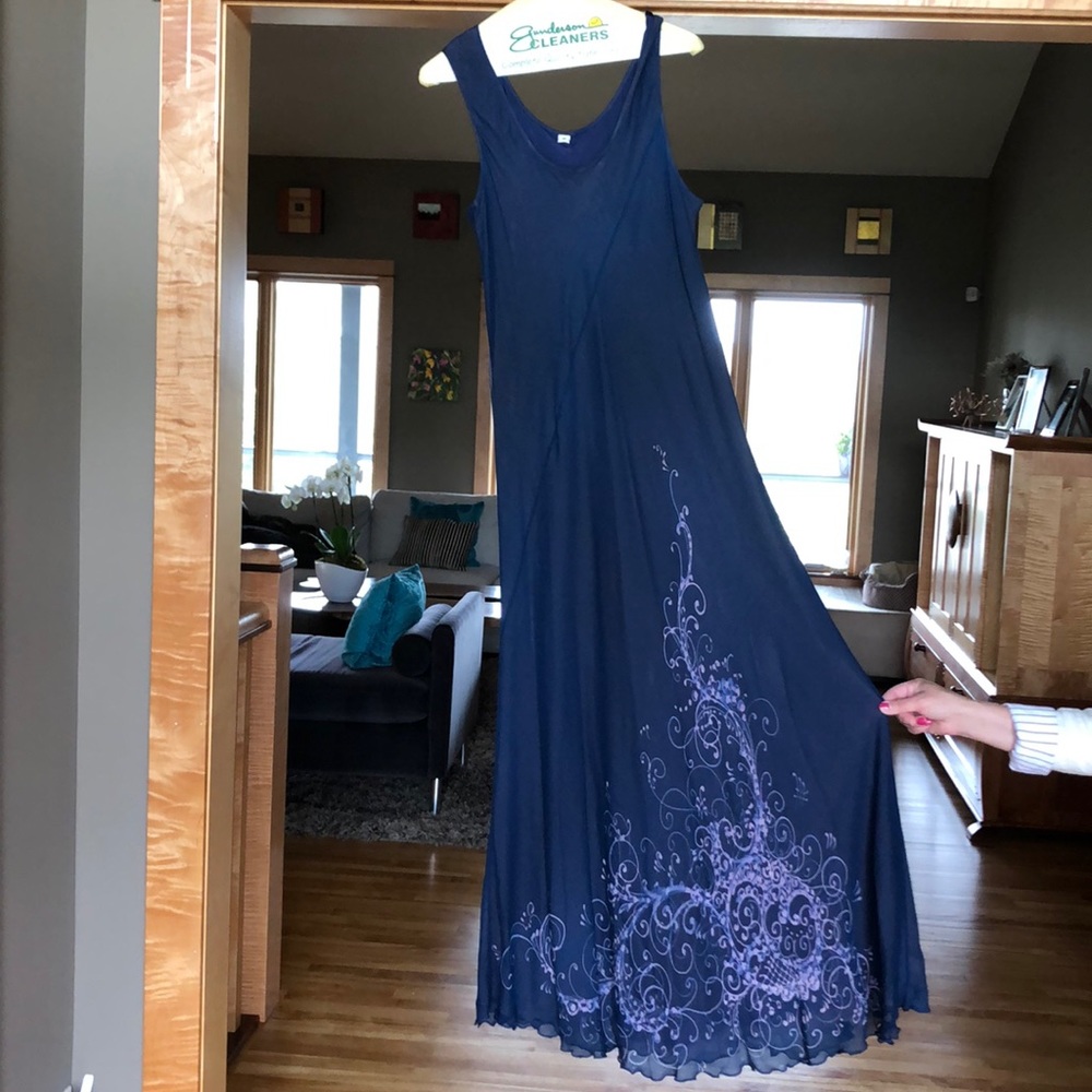 Hand-Painted 100% silk Navy, Lilac dress & overlay